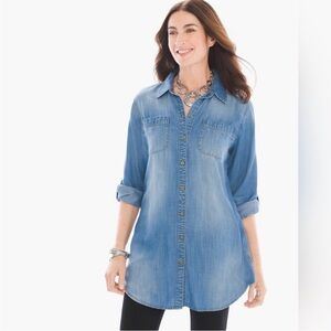 CHICO’S Tunic Chambray Button Roll Tab Sleeves Size Medium (2)